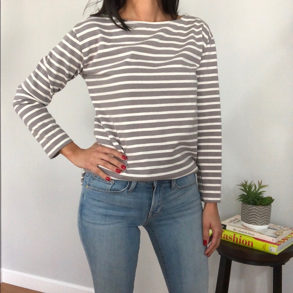 Everlane Grey Striped Long Sleeve Boat Neck Top